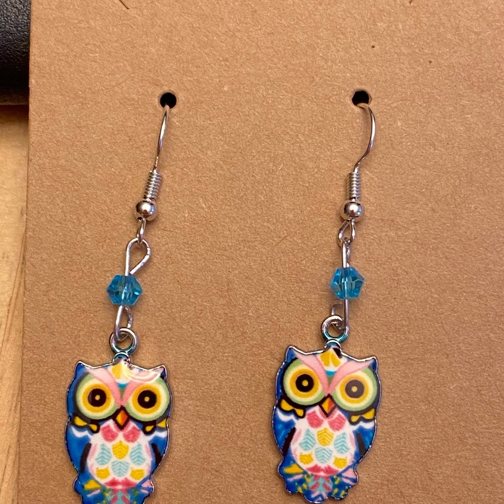 Hand Crafted Blue Yellow Green Beaded Multicolor Owl Dangle Earrings
